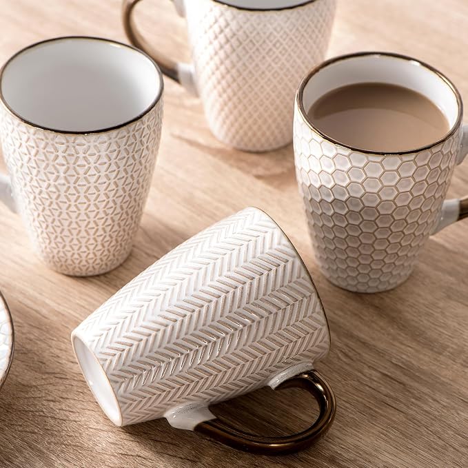 Ceramic Coffee Mug Set - 16 Oz Large Coffee Mugs - Embossed Stoneware Cups with Handle for Latte Tea Cappuccino Cocoa - Microwave Dishwasher Safe - Set of 4 - Square Pattern