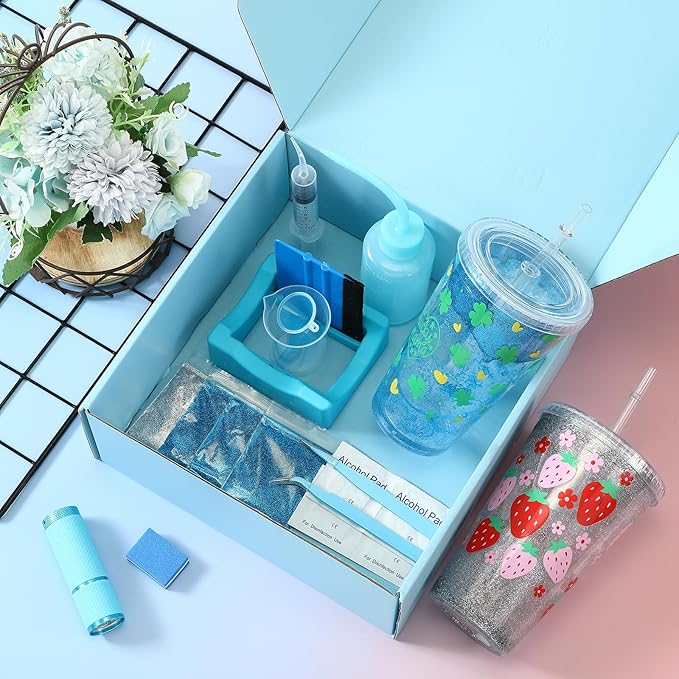 Baderke 20 Pcs Snow Globe Tumbler DIY Kit 16 oz Tumbler Squeeze Bottle, Glitter, Funnel Tweezer Silicone Cup Cradle Measuring Cup Glove Flashlight Buffer for Beginner(Blue,Cute)