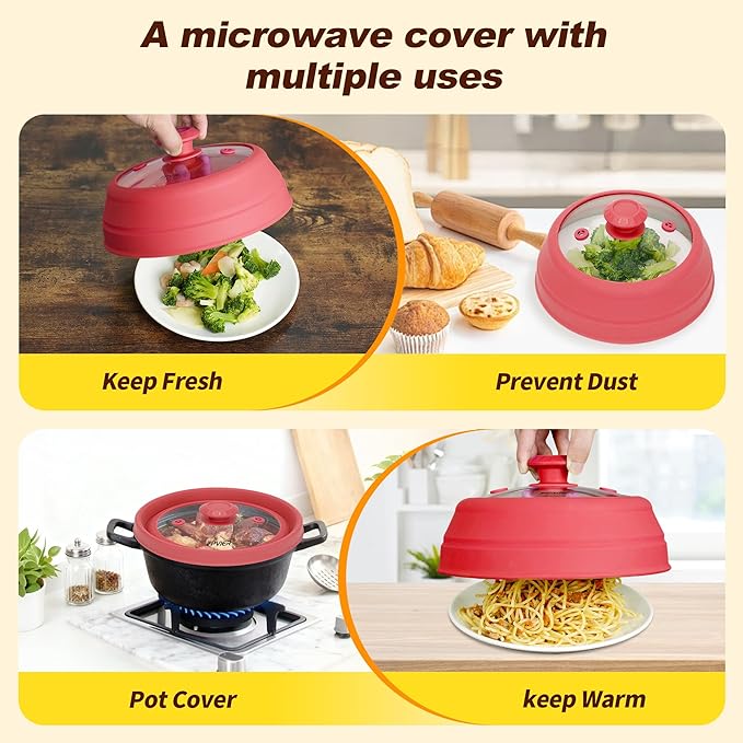 Microwave Splatter cover, Glass Microwave Cover for Food, 10.8 inch Guard Lid with Collapsible Silicone for 6-10 inch Plates & Bowls, Dishwasher Safe, 450°F Heat Resistant, BPA-Free, Red