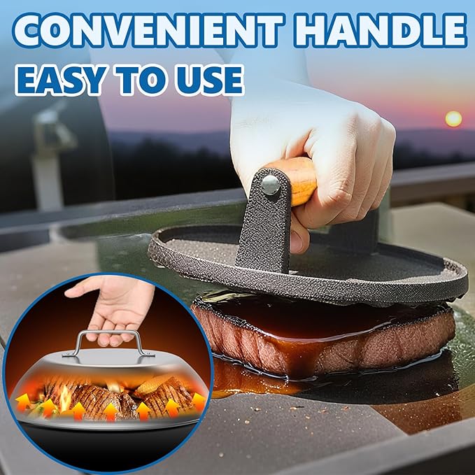 SafBbcue Round Cast Iron Smash Burger Grill Weight Press Tool & Griddle Steamer Melting Dome 12" Round Stainless Steel Basting Cover for Blackstone Griddle, Griddle Food Cover Dome for Flat Top Grills
