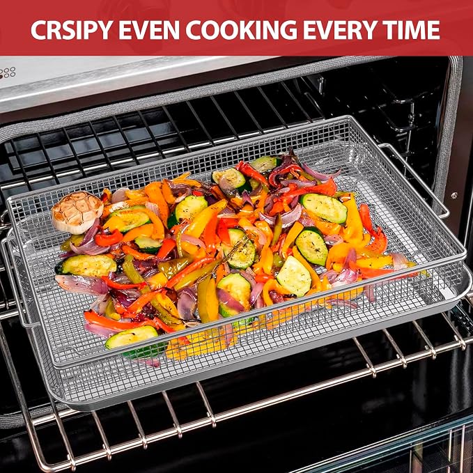 Geesta 304 Stainless Steel Air Fryer Basket for Oven with 50 Recipes, 2 Piece Crisper Tray & Basket, Air Fryer Accessories for Crispy Foods Healthy Cooking, Dishwasher Safe, 12.5” x 9.5”