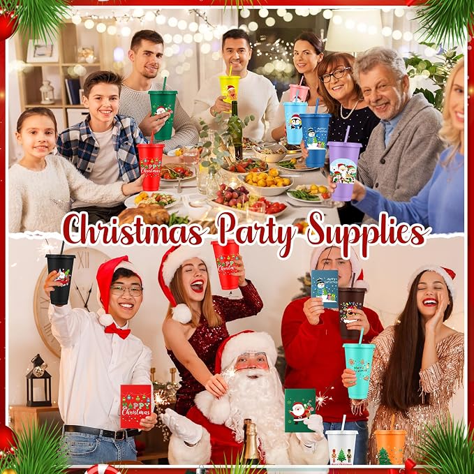 Feifeiya 72 Pcs/ 24 Set Bulk Gifts for Christmas 24 oz Christmas Tumbler with Lids and Straws Xmas Pens Notepads Set Reusable Plastic Cups for Holiday Classroom Gift Party Favor Employee