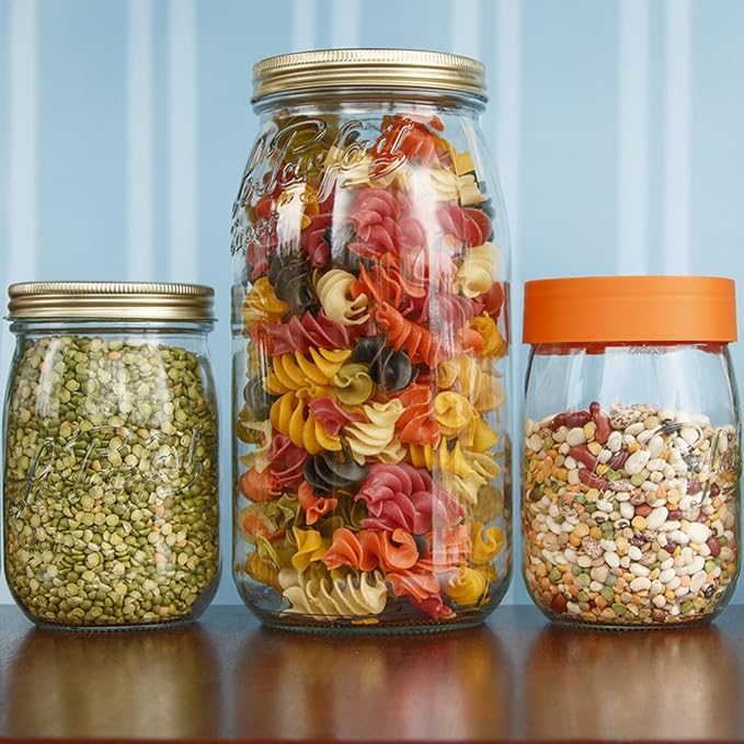 Le Parfait Eco-Friendly Zero Waste Wide Mouth Glass Jar with Airtight Screw Top Lid - Reusable French Storage Jar for Food, Soup, Flour, Sugar, Canning & Baking (3L/96oz, 3 Pack, Gold 2-Piece Lid)