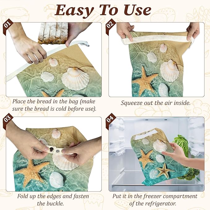 Bread Bags for Homemade Bread- Starfish Shells Beach 2 Pack Linen and Beeswax Sourdough Storage Bags, Reusable Keeper, Keeps Breads Fresh Longer, Gifts for Bakers