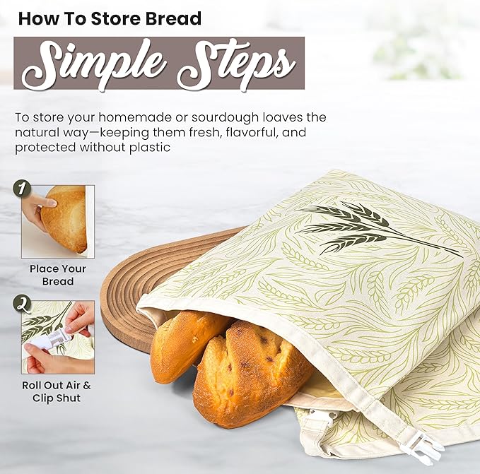 Bread Bags – 13 x 17in Cotton Beeswax Bread Bag – Reusable Bakery Bags for Sourdough, Homemade Baked Goods, Pastries Storage – Large Size 2-Pack