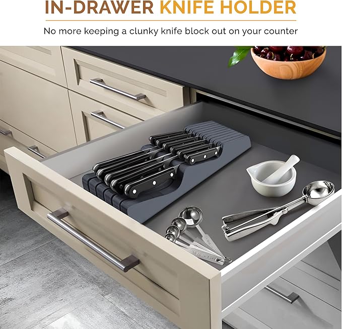 Knife Drawer Organizer - Bamboo Knife Block In Drawer, Kitchen Knife Organizer for Drawer, Holds 5 Long + 6 Short Knives, Blade Safe Storage, Wooden Steak Knife Holder, Gray