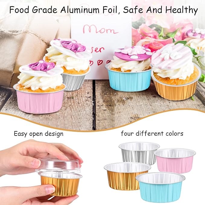 Thenshop 200 Pcs 5oz Mini Aluminum Baking Cups with Lid Disposable Loaf Cake Pans Birthday Wedding Party Foil Cupcake Tins Liner Crème BrûLée Ramekins Dessert Custard Pie Cheesecake Muffin Container