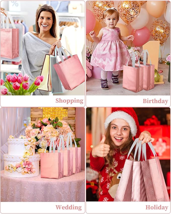 Eccliy Reusable Gift Bags Set Glossy Grocery Gift Tote Bag with Handle for Wedding, Bridal Shower, 4th of July, Summer Event(10 x 8 x 4.7 Inch,Rose Gold,80 Pcs)