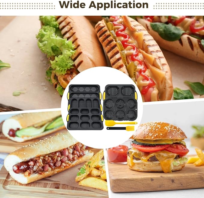Hamburger Bun Pans for Baking Set of 7-4/6/9 Cup French Bun Mold 3/6 Cup Nonstick Baguette Bread Pan with Brush, Spatula,Non Stick Perforated Baking Pans, Dishwasher Microwave Safe