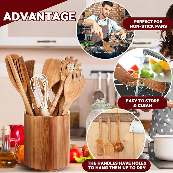 SiliFine 11 Pcs Wooden Kitchen Utensils Set with 360° Straight Rotating Holder Acacia Wood Cooking Utensils with Cooking Spoons Spatulas Nonstick Cookware Countertop Kitchen Decorations(Natural)
