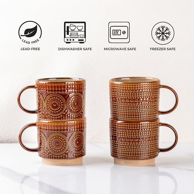 GBhome 16OZ Stackable Coffee Mugs, Ceramic Coffee Mugs with Texture Patterns for Man,Woman,Dad,Mom, Modern Coffee Mugs Set of 4 for Latte/Cappuccino/Cocoa. Dishwasher&Microwave Safe
