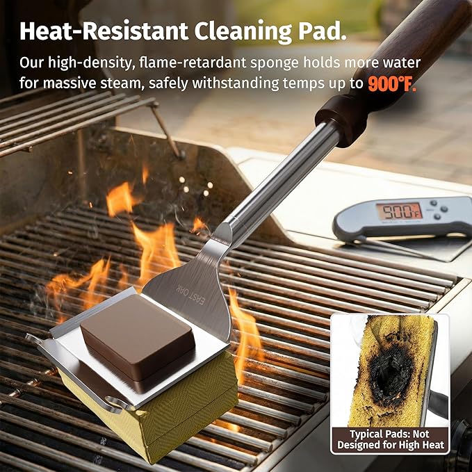 East Oak Bristle-Free Grill Brush, 2mm Thick Stainless Steel Rod, Heat-Resistant Aramid Sponge Head (900°F), Steam Cleaning Brush with Scraper, Safe for Cast Iron & Stainless Steel Grates