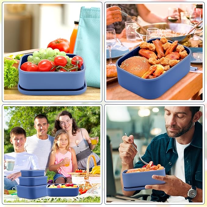 Blushtier 2 Sets of 6 Silicone Food Storage Containers with Lid Silicone Bento Box Rectangular Lunch Box Hard Shell Containers Microwave Dishwasher Freezer Safe, 10 oz, 23.6 oz, 44 Ounce(Blue)