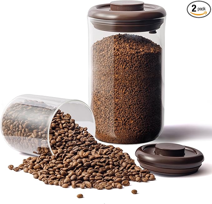 Clear Glass Coffee Canisters 2-Pack with One-Way Valves - Airtight Jars for Pantry Organization - Bulk Storage for Coffee Beans, Cereal, Sugar, Countertop Kitchen Canisters, 15OZ