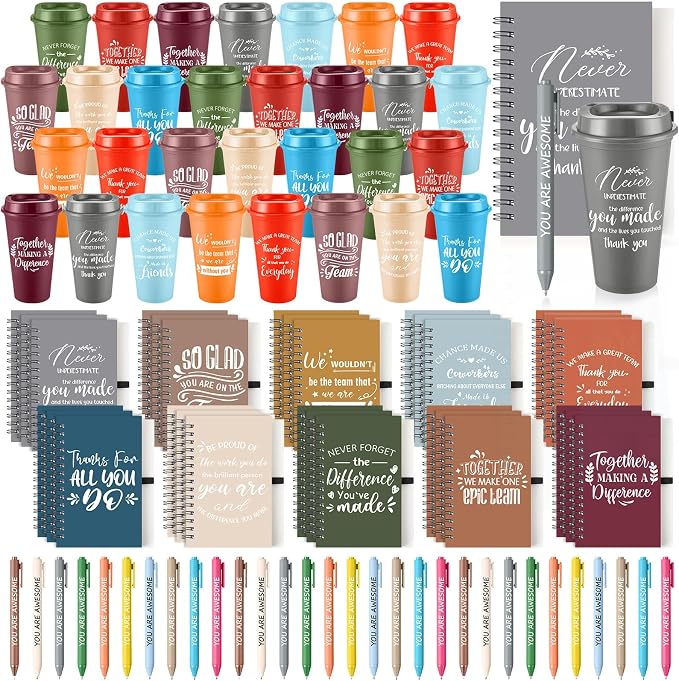 Teenyyou 90 Pcs Employee Appreciation Gift Set, 16oz Tumbler with Lid Notebook Pen Bulk Thank You Gift Holiday Party Favor for Teachers Office Coworker Teacher Staff Team (Fresh Color,Elegant Style)