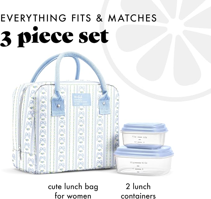 Fit & Fresh Bloomington Lunch Bag for Women - Insulated Large Lunch Box for Work with Containers, Leak-Resistant, Stain-Resistant, Zipper Closure, Blue Wallpaper Bows