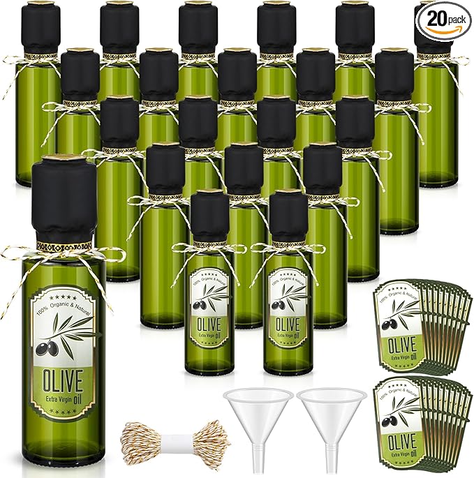 Reallnaive 20 Pcs 4 oz Mini Glass Olive Oil Bottles Empty Sauce Condiment Bottles with Dropper Inserts and Sticker Seals Caps for Gifts Kitchen (Circle,Dark Green)