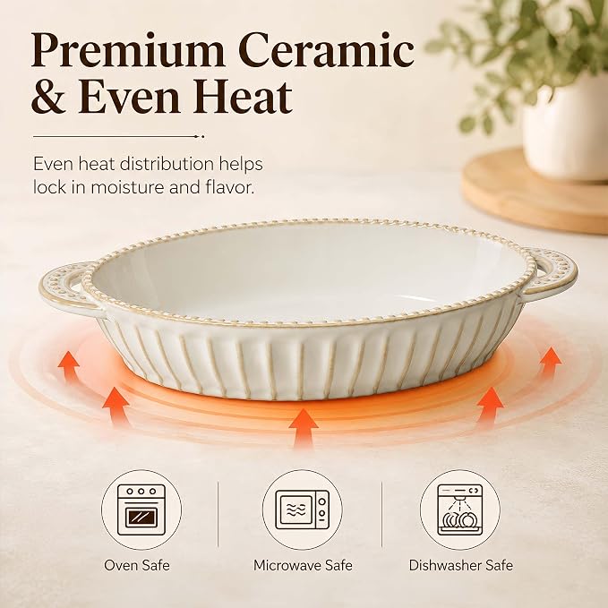 Casserole Dish for Oven, Ceramic Baking Dishes Set, Oval Hobnail Bakeware Set of 3, 9.25"/12.28"/14.37" Baking Dishes with Handle, Deep Lasagna Pan for Roasting, Holiday Dinner, Wedding Gifts, Arctic White