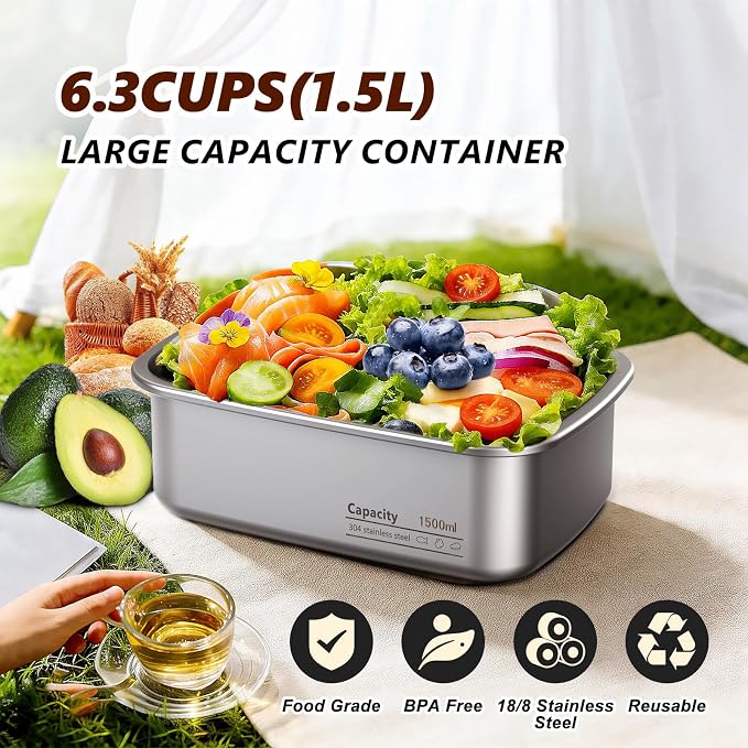 Stainless Steel Inner Container with Lid for Cordless Electric Lunch Box, 1.5L 6.3 Cups Meal Container for Portable Heated Lunch Box, Dishwasher Safe