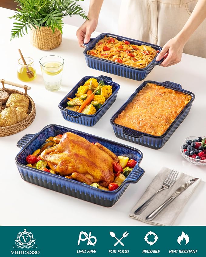 vancasso Ceramic Casserole Dishes for Oven, Reactive Glaze Bakeware Set of 4, Deep Rectangular Baking Dishes with Handles, Lasagna Pan Set, Microwave & Dishwasher Safe, Blue (9.4"/11.1"/12.2"/14.7")