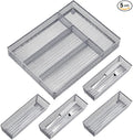 Neudeco Drawer Organizer Set 5 Pack - 4-Compartment Silverware Organizer Tray + 4 Utensil Trays, Kitchen Drawer Organizer for Flatware, Cutlery, Office Supplies, Silver Mesh, Non-Slip,Silver