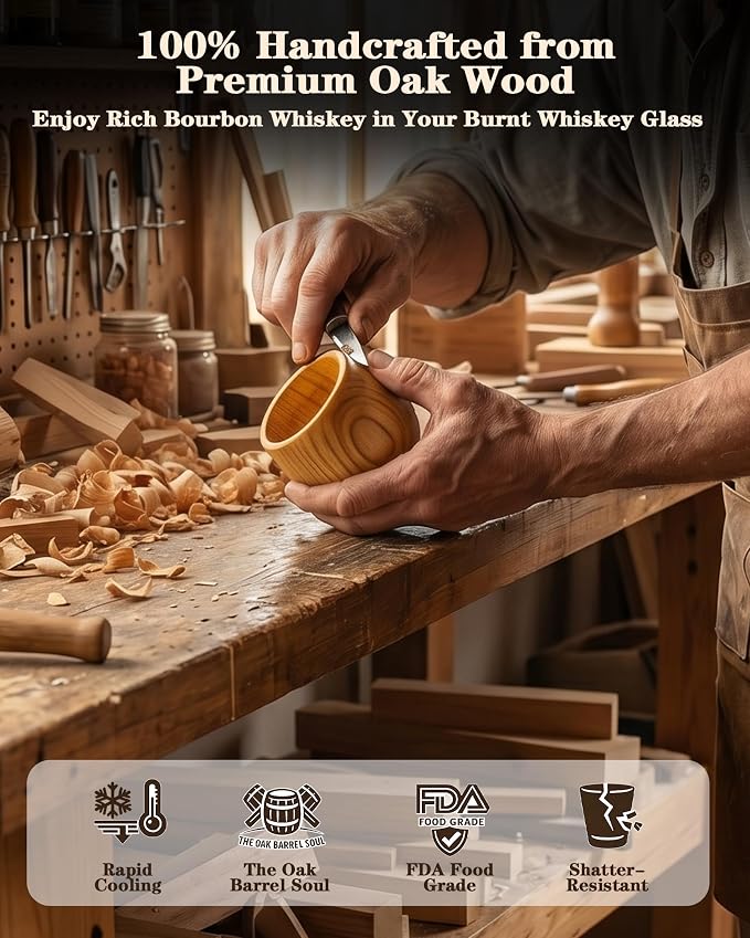 Bonteck Large Original Charred Wooden Bourbon Drinking Glass | 14 oz Charred Wooden Old Fashioned Whiskey Glass | Bourbon Gifts for Men, Dad, Boyfriend, or Brother | Whiskey Gifts (1 Pack)