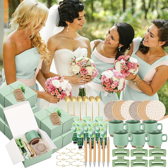 Reallnaive 61 Pcs Baby Shower Prizes for Game Winners Include Ceramic Mug Coaster Hand Cream Pen Spoon Bracelet Hair Clip Card Gift Box with Raffia for Guests Gender Reveal Bridal Shower Party(Green)