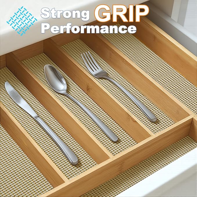 Songrey Non-Adhesive Drawer and Shelf Liner, Non Slip Cabinet Liners, Protect Kitchen Cupboard, Bathroom Drawers, Breathable, Thick Strong Grip mat (12IN x 20FT, Beige)