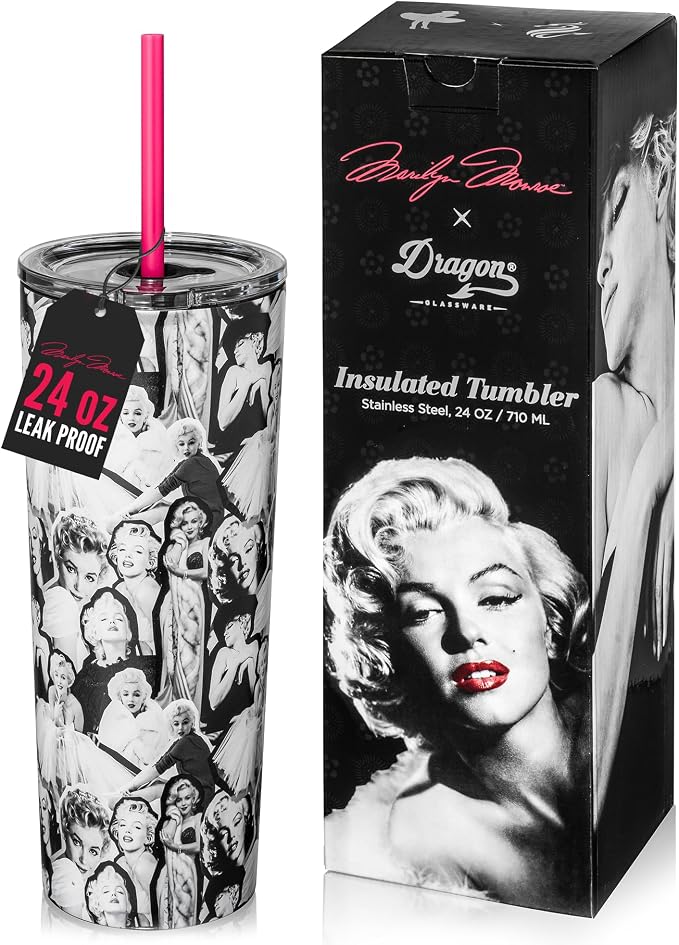 Dragon Glassware x Marilyn Monroe Tumbler with Straw & Lid, 24 oz | Vacuum Insulated Stainless Steel Tumbler with Straw & Lid; Double Walled Tumbler with Straw Charm; Marilyn Monroe Cup