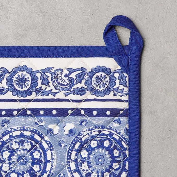 Maison d' Hermine Pot Holders 100% Cotton Heat Resistant Potholders 8" x 8" Hot Pads with Loop BBQ Cooking Baking Gifts for Mothers Day Handling Hot Pans Spring/Summer (Pack of 1, Melodie Bleue)
