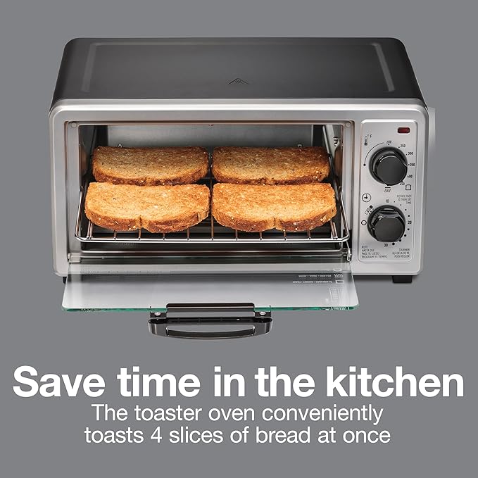 Proctor Silex 4 Slice Countertop Toaster Oven | Bake, Broil, Toast | 200-450⁰F Adjustable Temp | 30 Minute Timer | Automatic Shutoff | Black and Silver | 31260G
