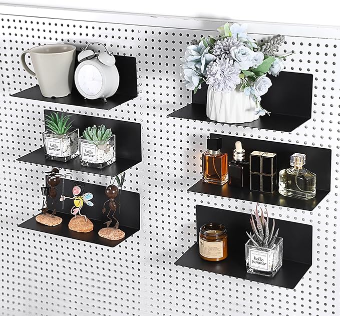 Kokone 6 Pack Magnetic Pegboard Shelves for Storing or Displaying, 10x4.3 Inch Flat Display Shelves for Pegboard, Wall Pegboard Shelves Accessories Steel Tray for Garage Workshop Craft Room Organizer