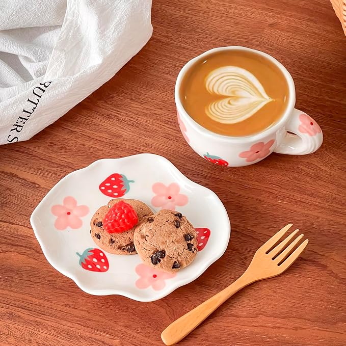 Noviko Coffee Mug with Saucer Ceramic TeaCup Unique Coffee Mugs for Women (Strawberry S)