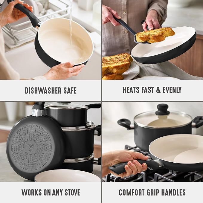 GreenLife 16-Piece Nonstick Cookware Set, Non-Toxic Ceramic Pots and Pans Set, Durable Healthy Kitchen Essentials, Fast Heating, Induction Ready, Easy Clean Dishwasher Safe, PFAS-Free, Graphite Black