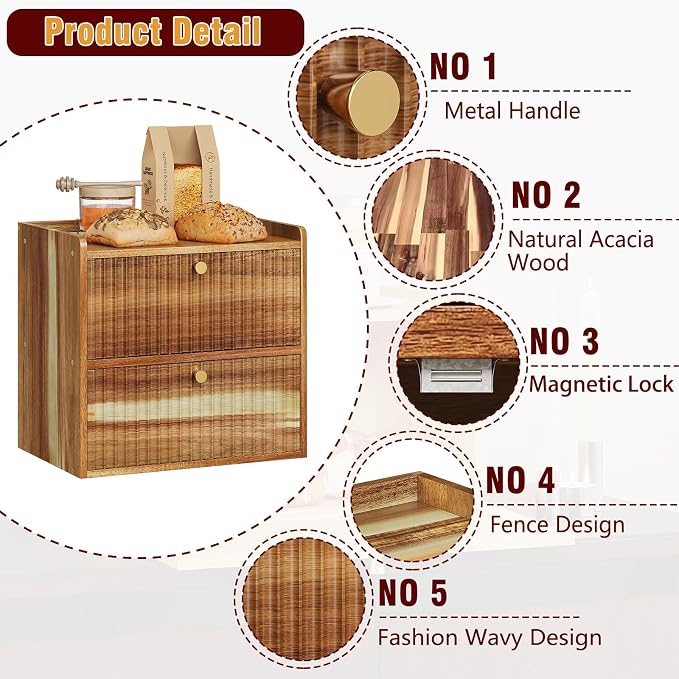 Trironsun Acacia Bread Box for Kitchen Countertop Wood Bread Storage Container Bin Double Layer BreadBox Farmhouse Large Capacity Food Organizer (Acacia Wood)