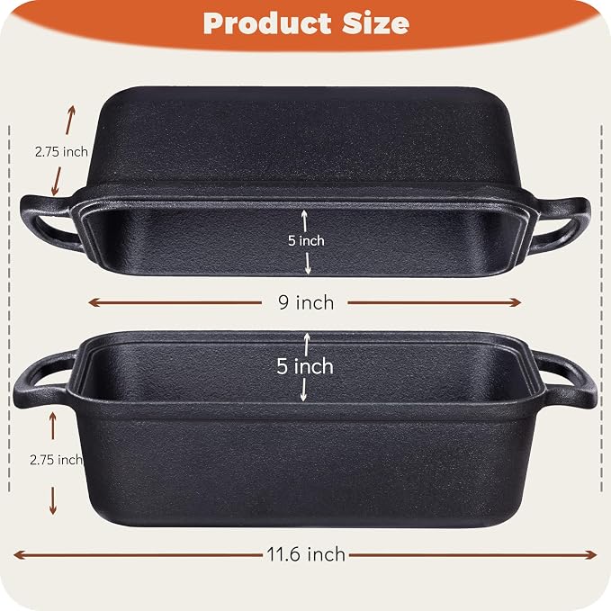 Cast Iron Loaf Pan with Lid 9×5 Inch, Bread Baking Pans, Even Heat Distribution for Sourdough, Pre-Seasoned Dutch Oven Loaf Pan for Homemade Bread