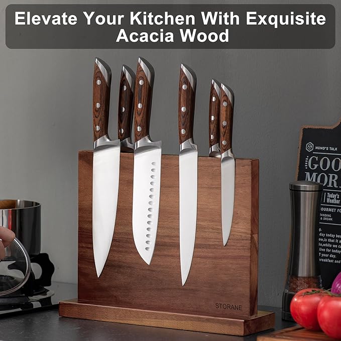Magnetic Knife Block Acacia Wood -Double Sided Magnetic Knife Holder Rack for Kitchen Counter -Universal Knife Block Without Knives Wooden Multifunctional Storage Fully Assembled