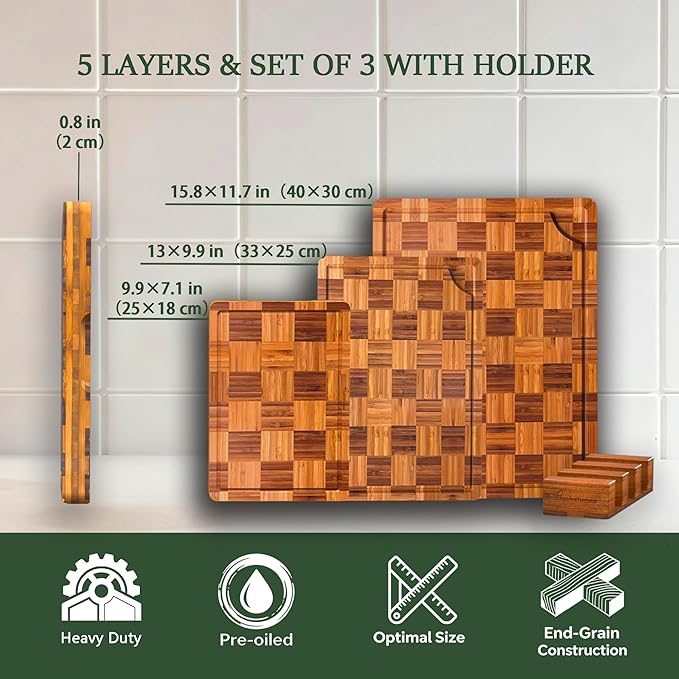 Bamboo Cutting Board Set of 3 for kitchen Checkered End Grain Chopping Boards with Storage Stand & Deeper Juice Grooves | Reversible Butcher Block for Meat, Cheese, Charcuterie & Kitchen Prep