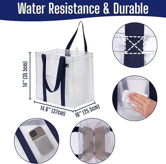 VENO 4 Pack Reusable Grocery Bags, Heavy-Duty Shopping Bags with Handles, Bags for Shopping Cart with Hard Bottom to Stand Upright, Foldable, Multi-Purpose(Clear, 4 Pack)