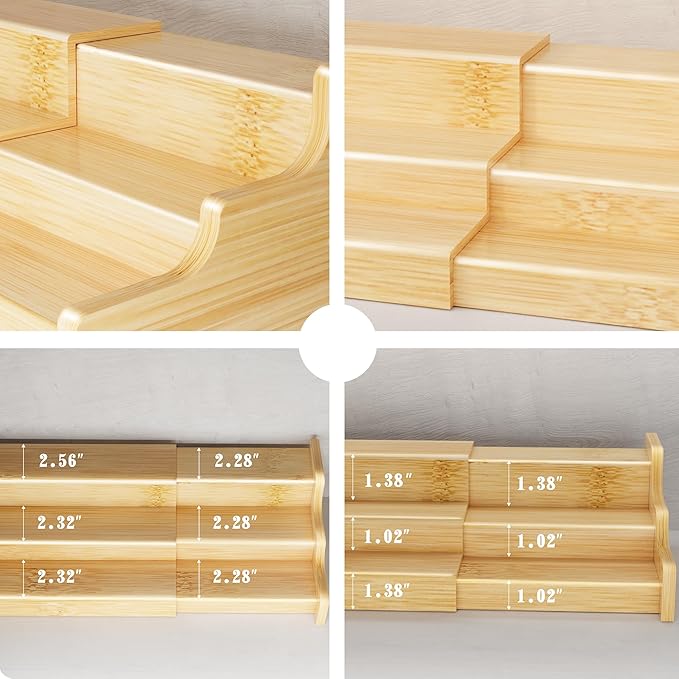 2 Pack Spice Rack Organizer for Cabinet - 3 Tier Bamboo Expandable Display Shelf for Seasoning Storage in Kitchen Pantry