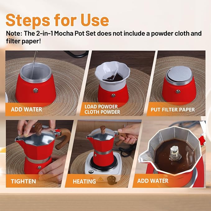 2-in-1 Aluminum Moka Pot Set with Electric Stove Classic Stovetop Espresso Coffee Maker 150ml 5oz Mocha Express Portable Gift Camping Travel Preferred Cafe Italian Cuban Café Brewing 3 Cup