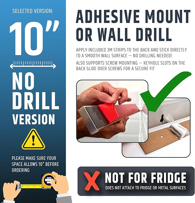 10" Strong Adhesive (No Drill) Magnetic Knife Holder for Wall - Professional Knife Strip - No Screws Needed - Adhesive Backing - Stainless Steel Bar (Upgraded Version – Will Not Fall)
