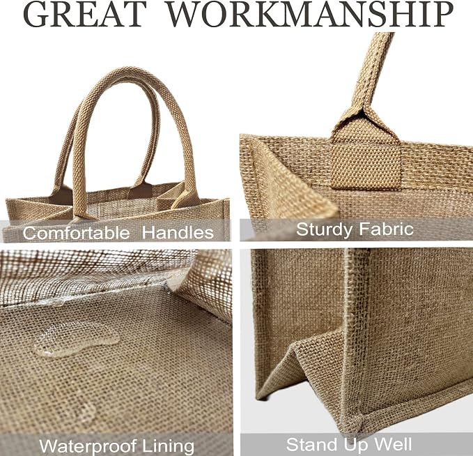 6 Pack Burlap Tote Bags with Handles Reusable Small Jute Gift Bags with Light Green Silk Ribbons Waterproof Lining for Wedding Bridesmaid Mother's Day Bachelorette Beach Party