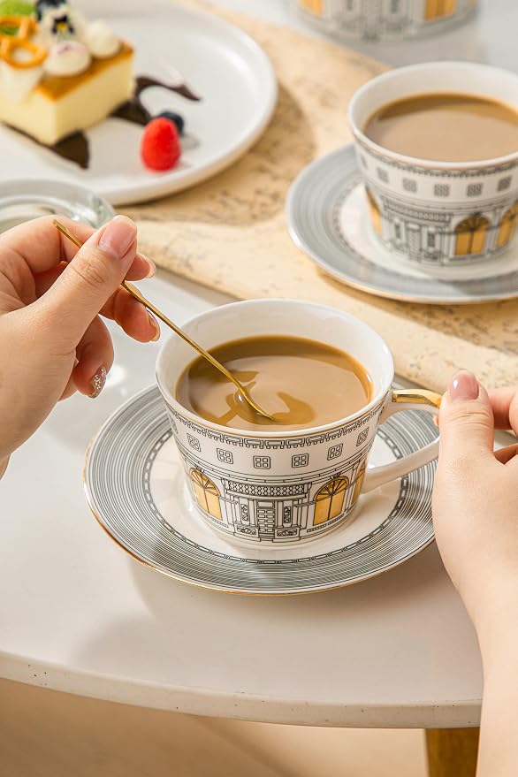 Domini Personalized Architectural Ceramic Tea Cup and Saucer Set,5-piece gift box set with 1 pot, 2 cups and 2 plates