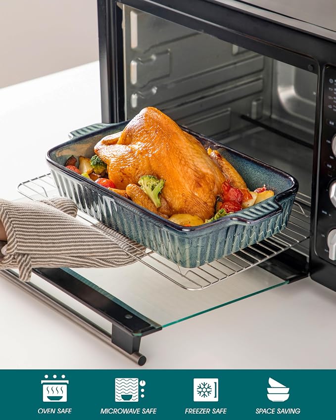 vancasso Ceramic Casserole Dishes for Oven, Reactive Glaze Bakeware Set of 4, Deep Rectangular Baking Dishes with Handles, Lasagna Pan Set, Microwave & Dishwasher Safe, Green (9.4"/11.1"/12.2"/14.7")