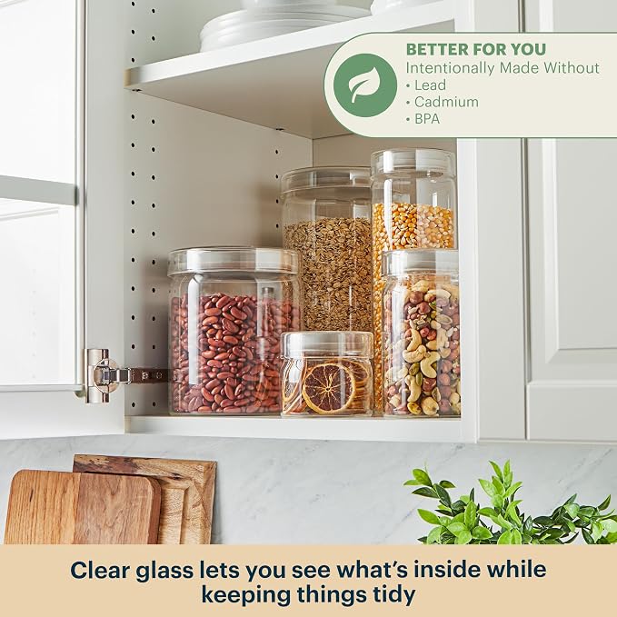 Pyrex 6-Pack Glass Canister Set - Lightweight Dry Food Storage Containers with Glass Lids for Kitchen and Pantry Organization
