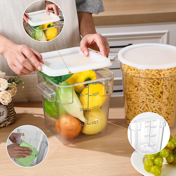 Blushtier 4 Pcs Food Storage Container with Lids Set 4 Qt Square and Round Clear PC Commercial Containers with Scale Handle for Home Restaurant Kitchen Food Storage, Dough Rise, Flour(White)