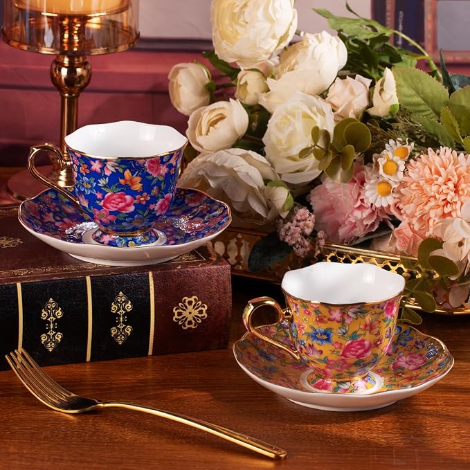 KAMMAK Tea Cups and Saucers Set of 2, Porcelain Coffee Cups, 6.3oz Stackable Espresso Mugs, Ceramic Demitasse for Coffee, Latte, Americano, Tea (643N+644N)