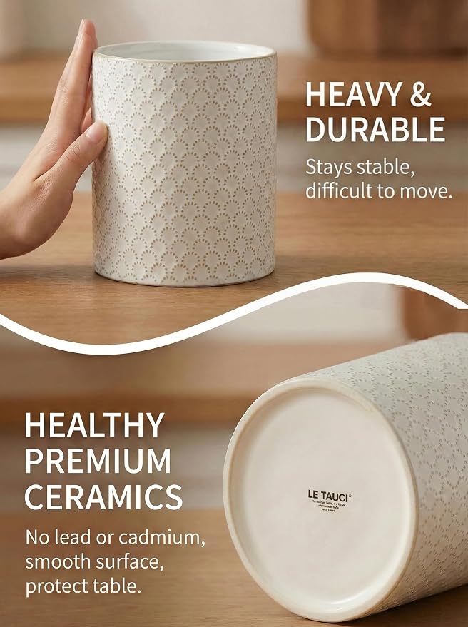 LE TAUCI Utensil Holder for Kitchen Counter - 7.1" Large Ceramic Utensil Crock, Cooking Utensil Organizer for Spatula, Spoon, Whisk - Farmhouse Kitchen Countertop Storage, Embossed, Fireworks