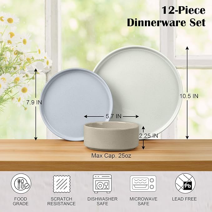 E-far Stoneware Dinnerware Sets, 12-Piece Plates and Bowls Dish Set for 4, Kitchen Modern Dinning Ware, Chip and Scratch Resistant, Microwave & Dishwasher Safe, Speckled Multicolor